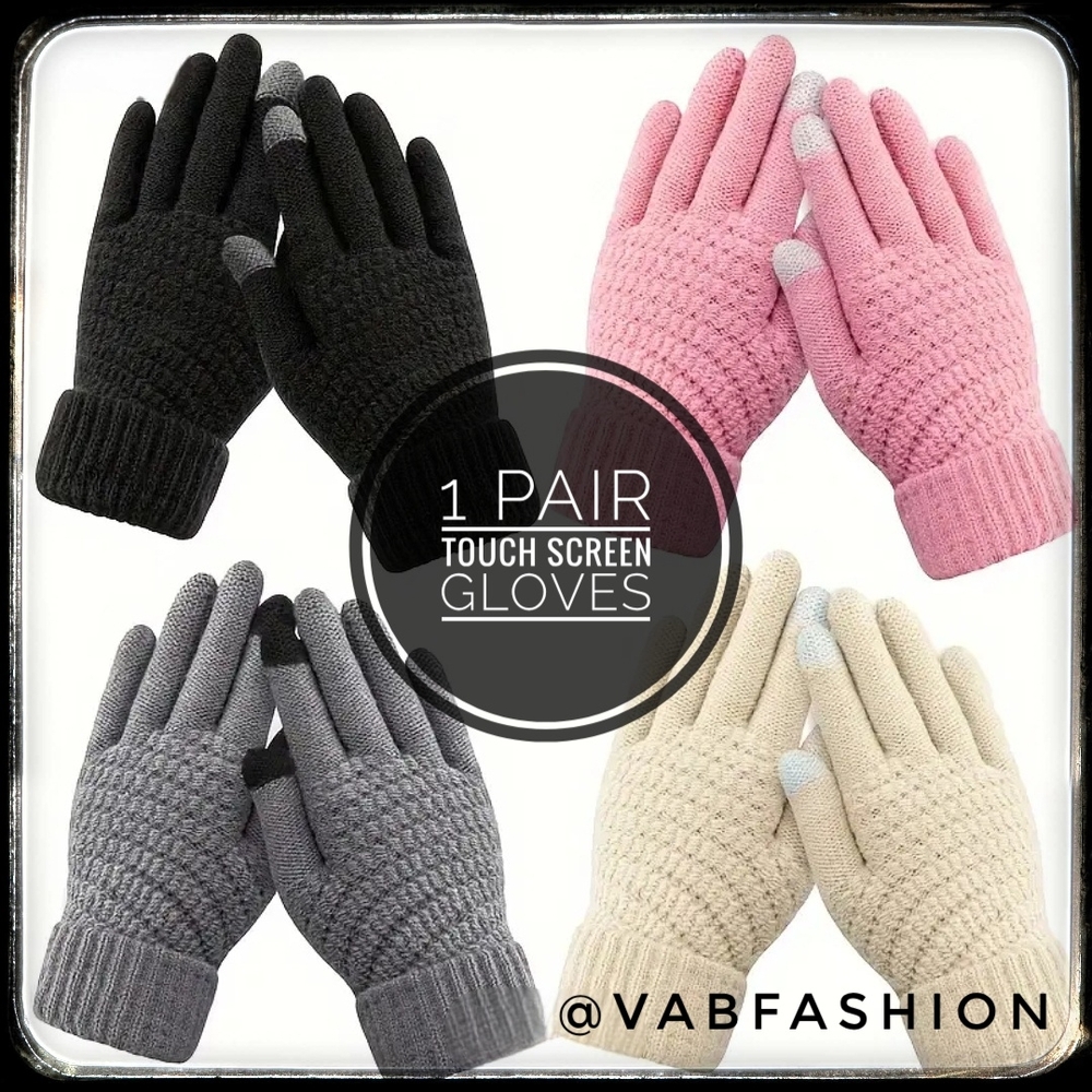 1 PAIR- Unisex Touch Screen Warm Knit Gloves - Black, Pink, Gray, Or Cream